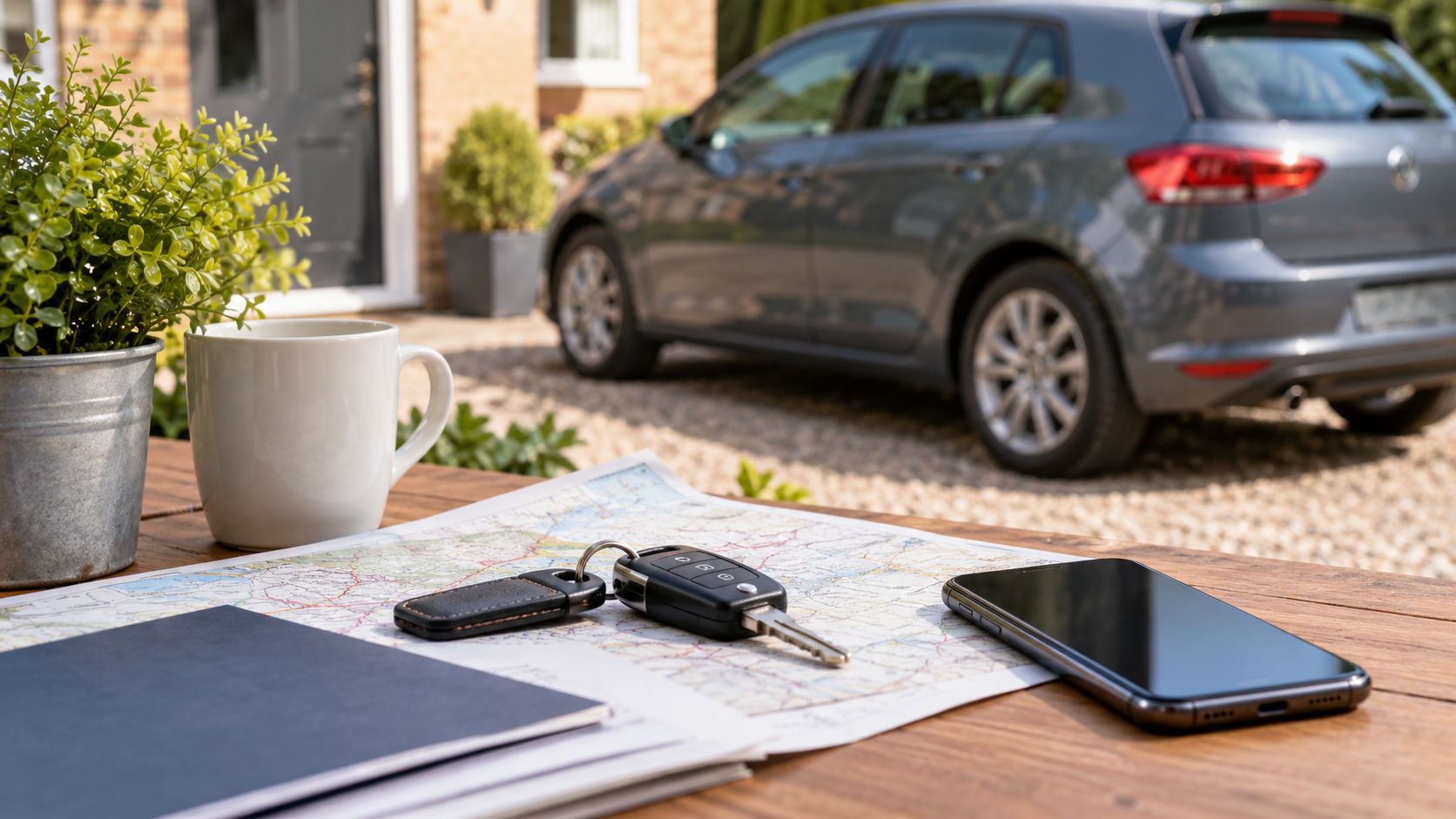 Car keys and paperwork with a car parked outside