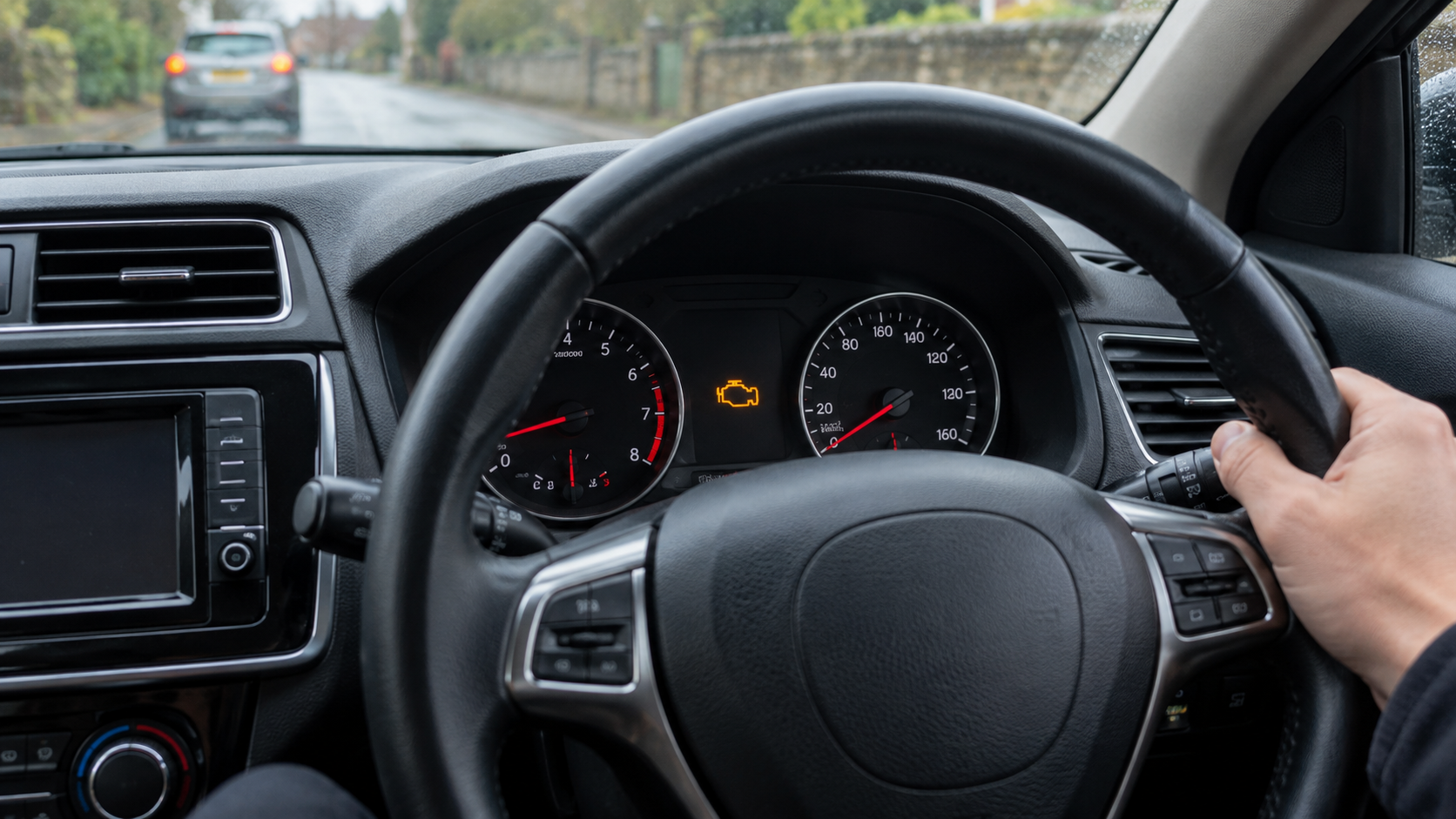 A right-hand-drive car dashboard with a warning light illuminated